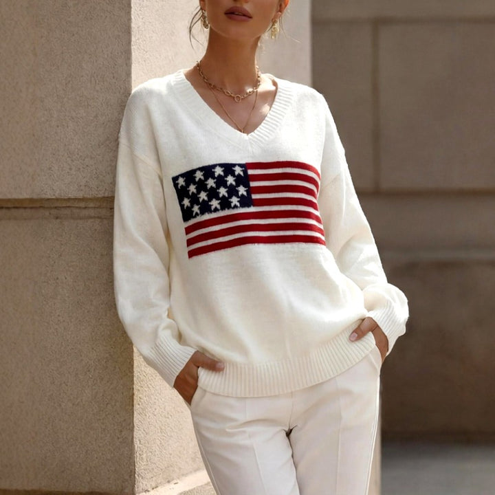 Jora - Women's American Flag V-Neck Knit Sweater 2