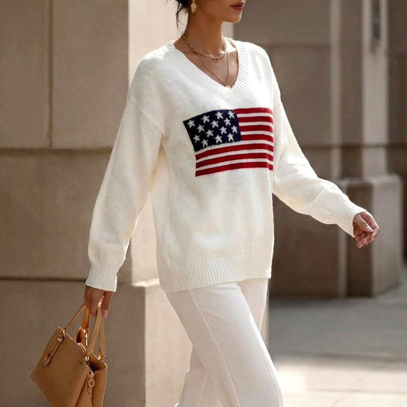 Jora - Women's American Flag V-Neck Knit Sweater 4