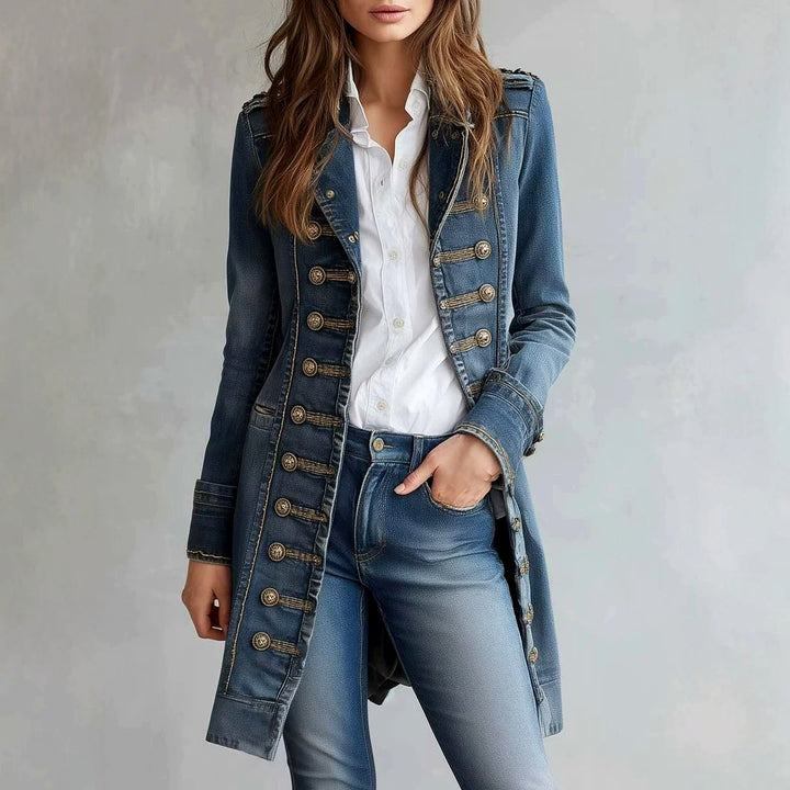 Jordana - Women's Denim Military Button-Front Coat 2