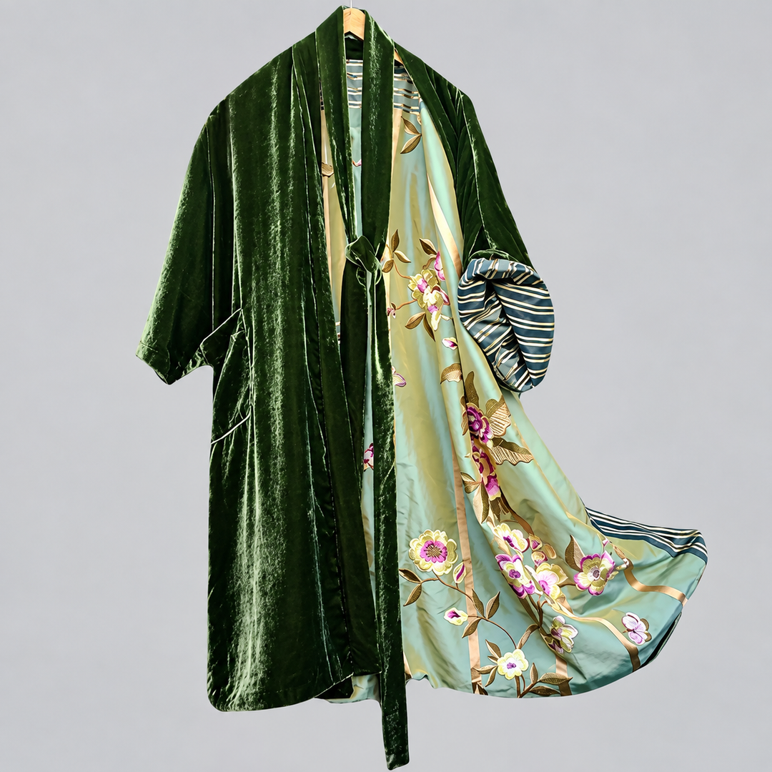 Josephine - Women's Velvet-Collar Floral Satin Cardigan Robe