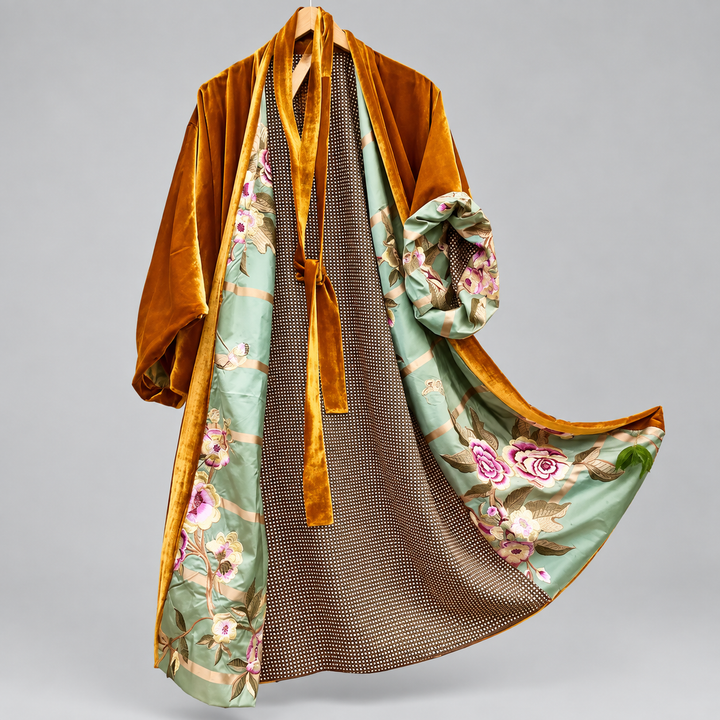 Josephine - Women's Velvet-Collar Floral Satin Cardigan Robe