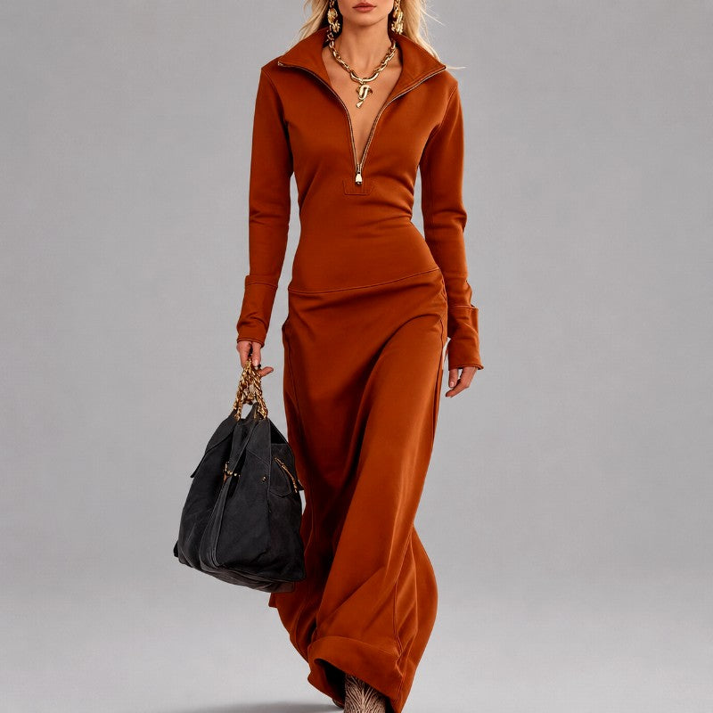 Josephine - Women's Half-Zip High Collar Maxi Dress 1