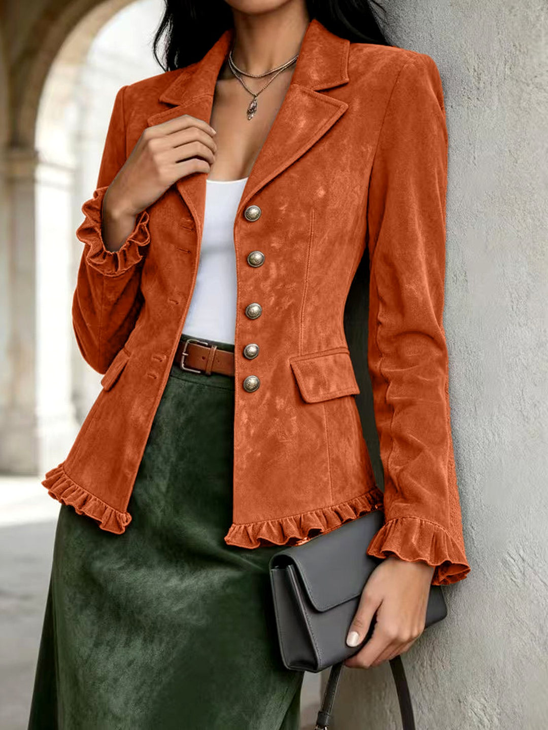 Josephine - Women's Ruffle Trim Button Front Blazer 4