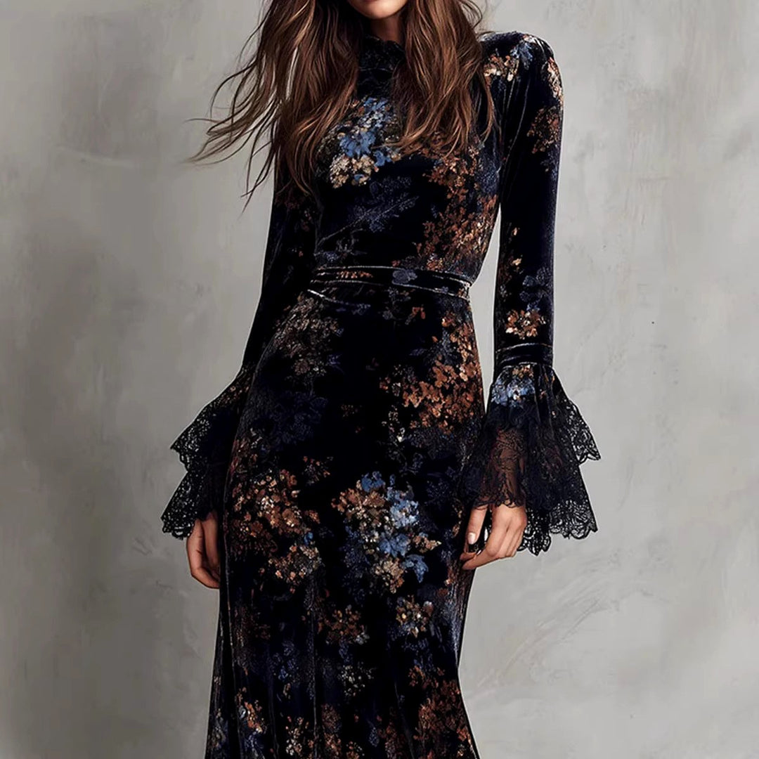 Juanita - Women's Floral Velvet Long Sleeve Formal Evening Dress 5