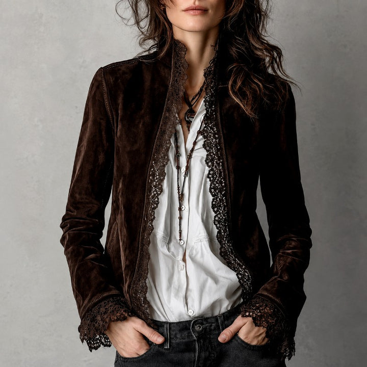 Judith - Women's Faux Suede Lace Trim Blazer Jacket 1
