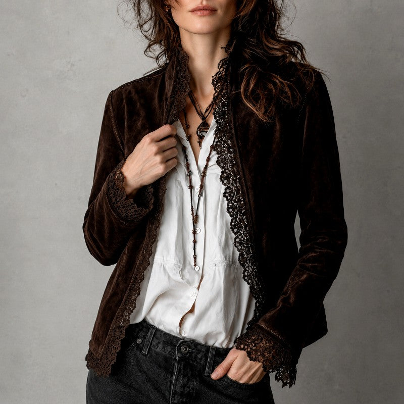 Judith - Women's Faux Suede Lace Trim Blazer Jacket 2