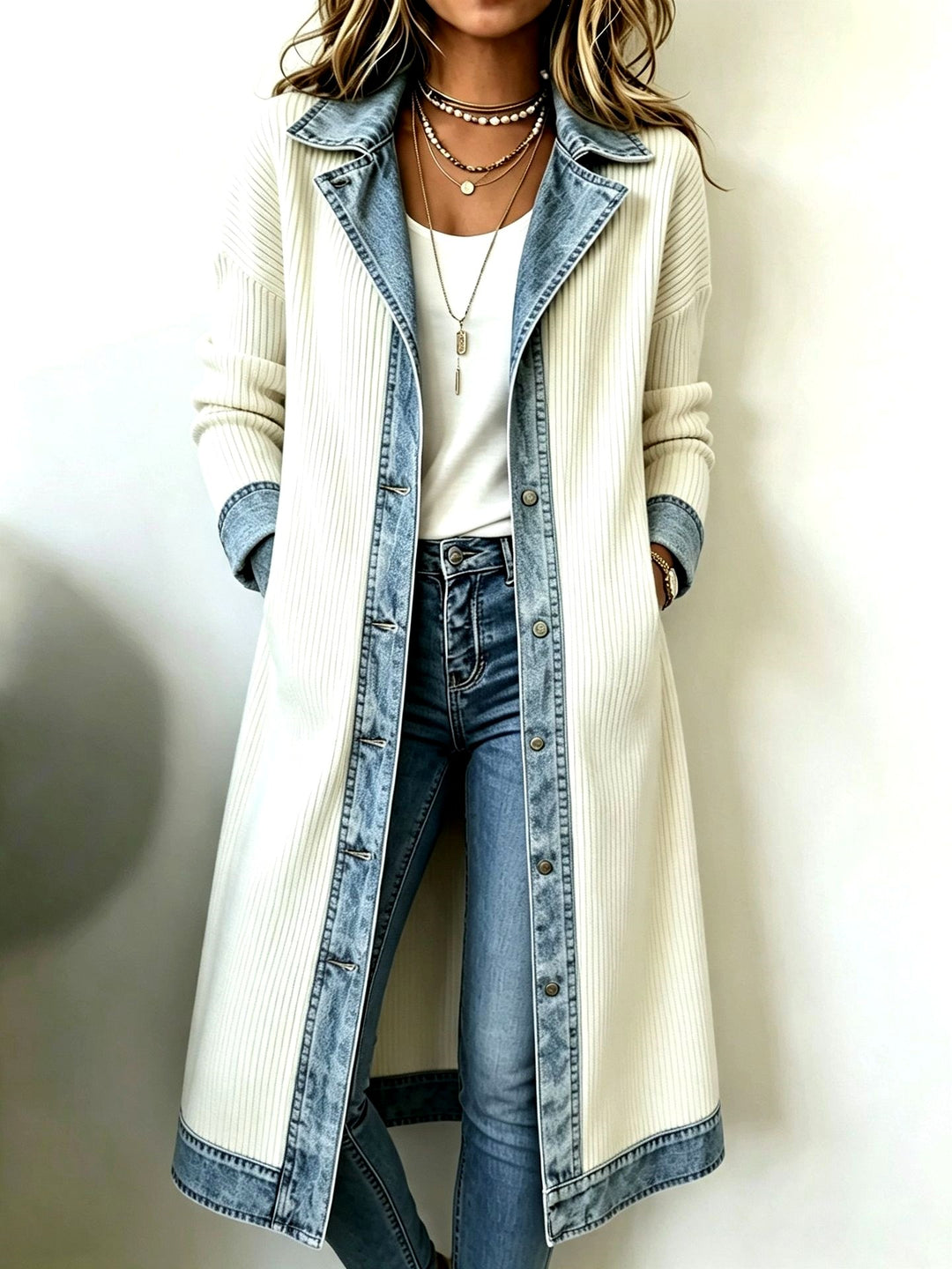 Julia - Women's Long Ribbed Knit Coat with Denim Trim 2