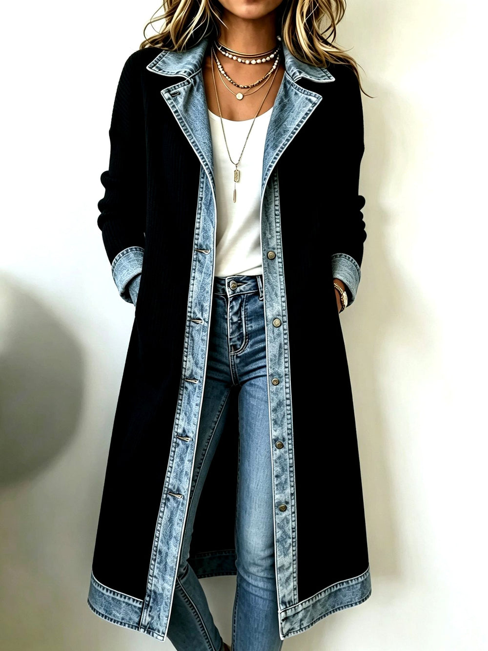 Julia - Women's Long Ribbed Knit Coat with Denim Trim 3