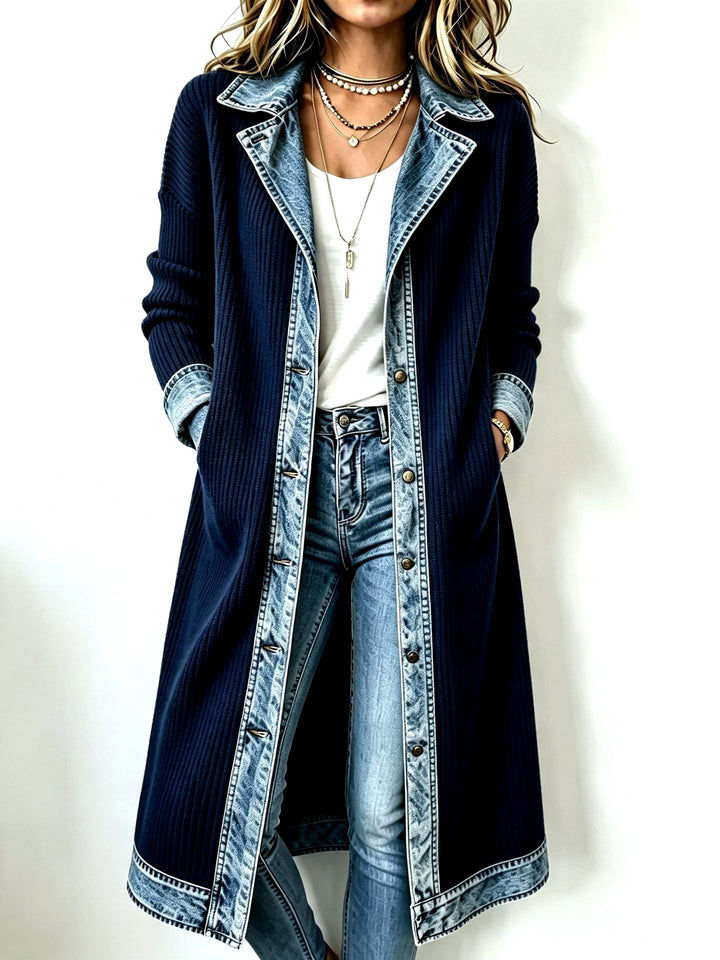 Julia - Women's Long Ribbed Knit Coat with Denim Trim 4