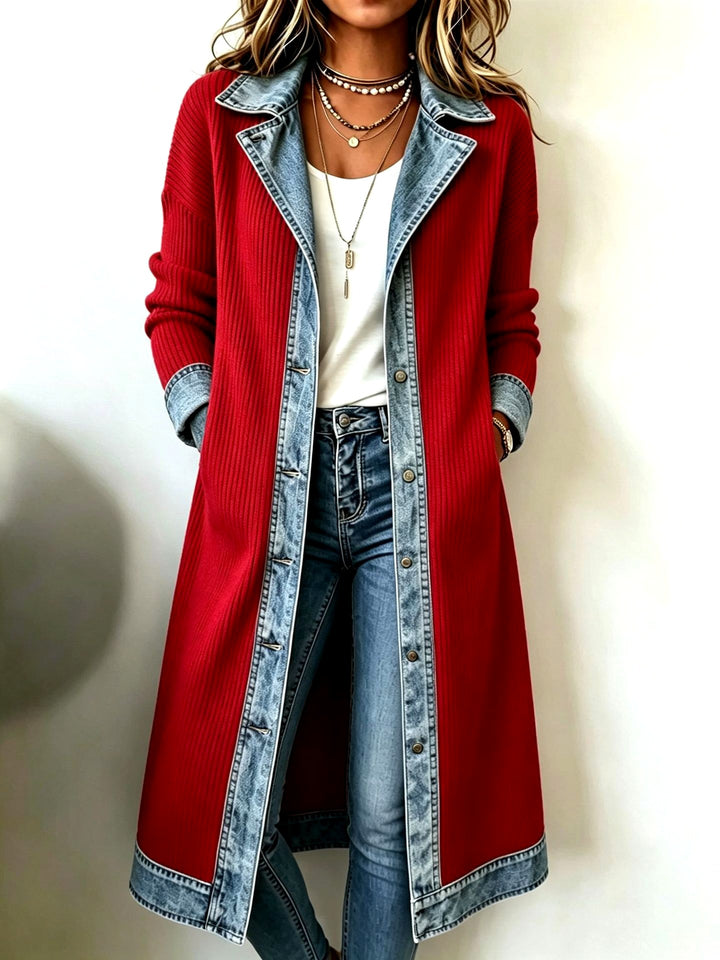 Julia - Women's Long Ribbed Knit Coat with Denim Trim 5