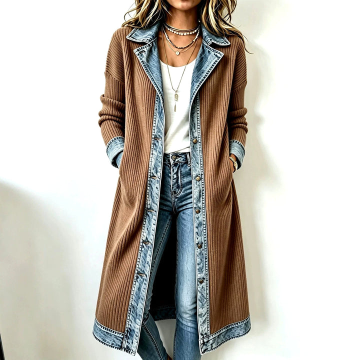 Julia - Women's Long Ribbed Knit Coat with Denim Trim 9
