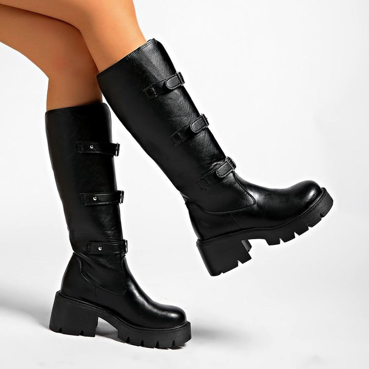 Kaia - Women's Buckle Knee High Platform Boots 1