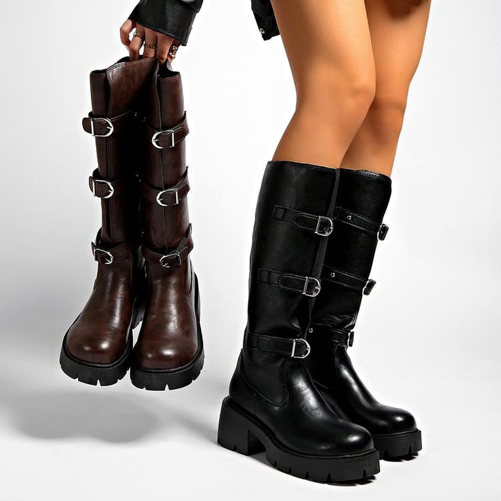 Kaia - Women's Buckle Knee High Platform Boots 6