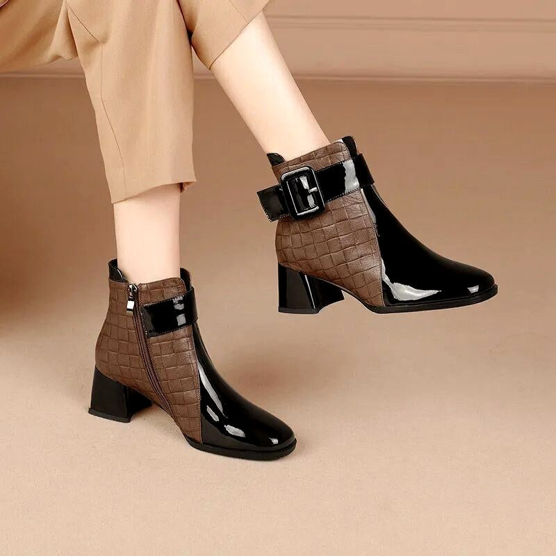 Karen - Women’s Quilted Buckle Block Heel Ankle Boots 3