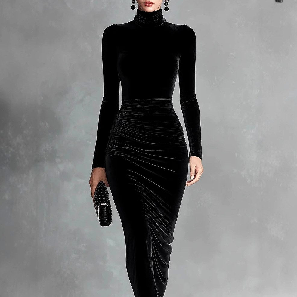 Karyn - Women's Velvet Ruched Bodycon Midi Dress 2