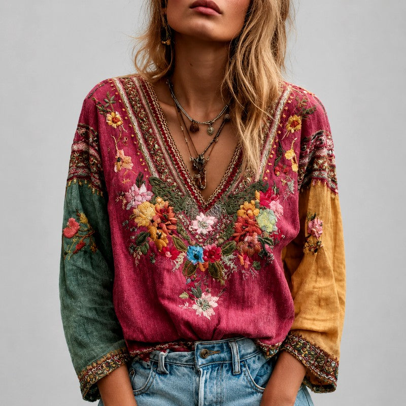 Kate - Women's Boho Floral Embroidered V-Neck Blouse 1