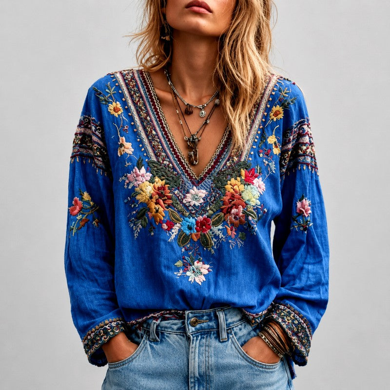 Kate - Women's Boho Floral Embroidered V-Neck Blouse 2