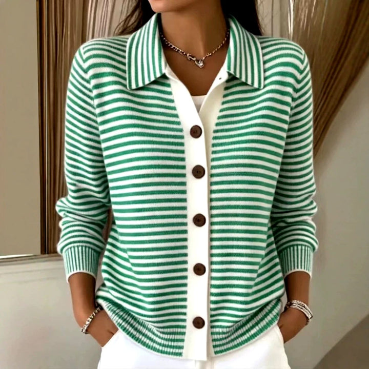 Katherine - Women's Striped Collared Button-Front Cardigan 1