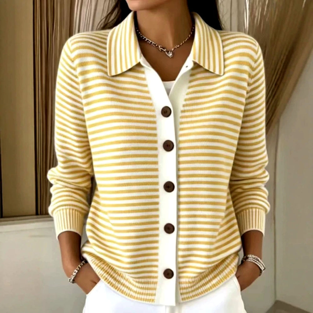 Katherine - Women's Striped Collared Button-Front Cardigan 2