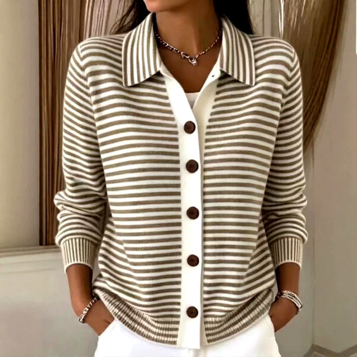 Katherine - Women's Striped Collared Button-Front Cardigan 3