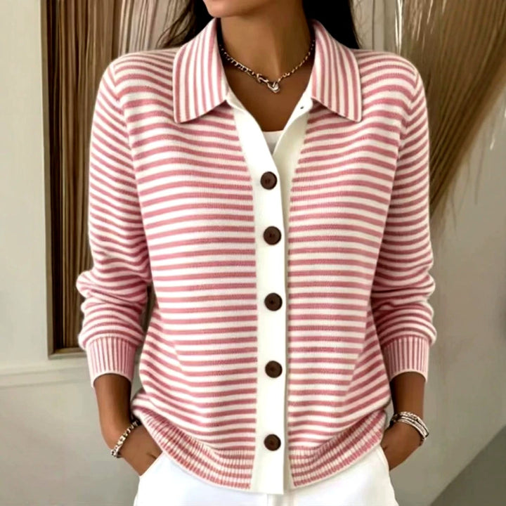 Katherine - Women's Striped Collared Button-Front Cardigan 4
