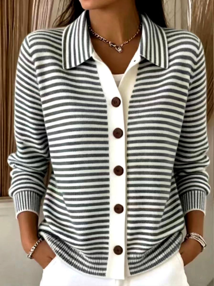 Katherine - Women's Striped Collared Button-Front Cardigan 5