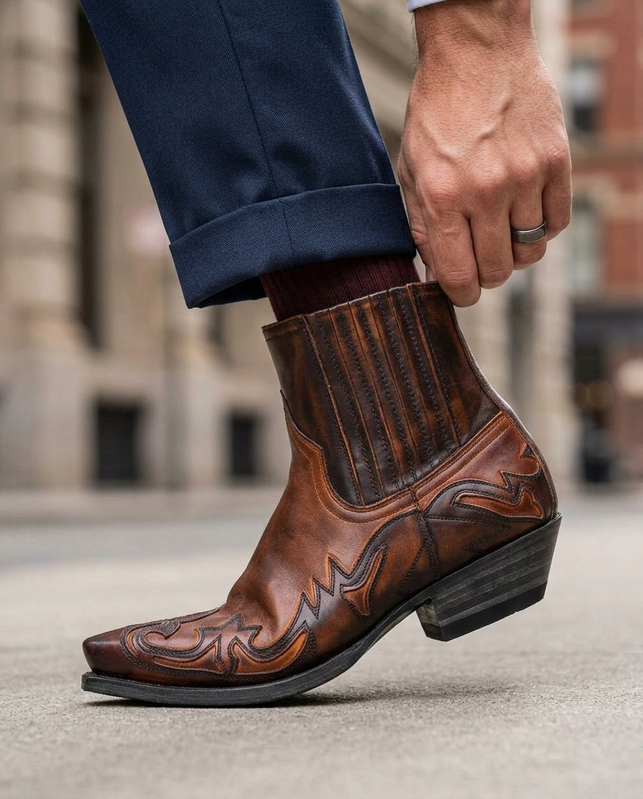 Kelvin - Men's Embroidered Leather Ankle Western Boots