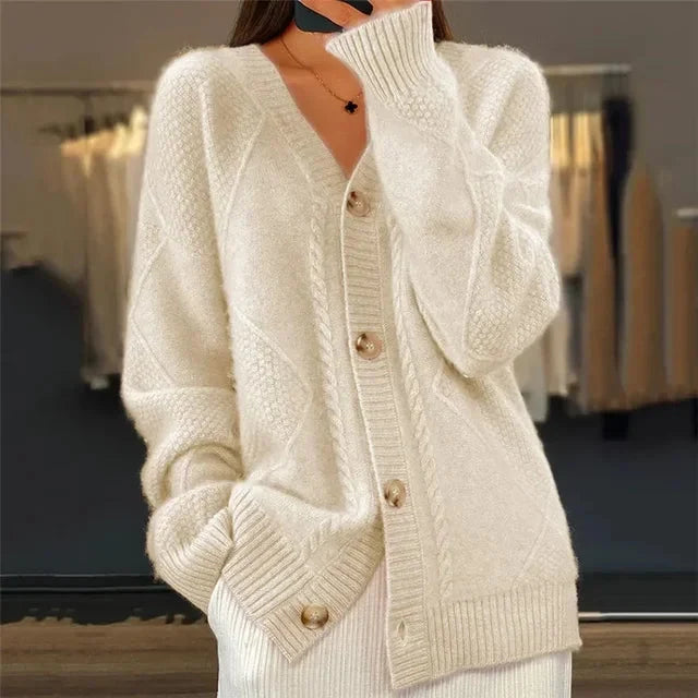 Kennedy - Women's Loose-Fit Cable Stitch V-Neck Knit Cardigan