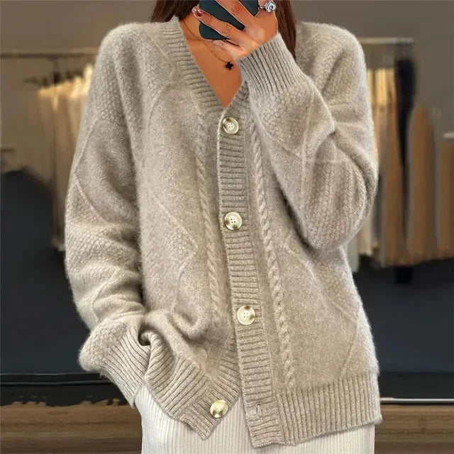 Kennedy - Women's Loose-Fit Cable Stitch V-Neck Knit Cardigan