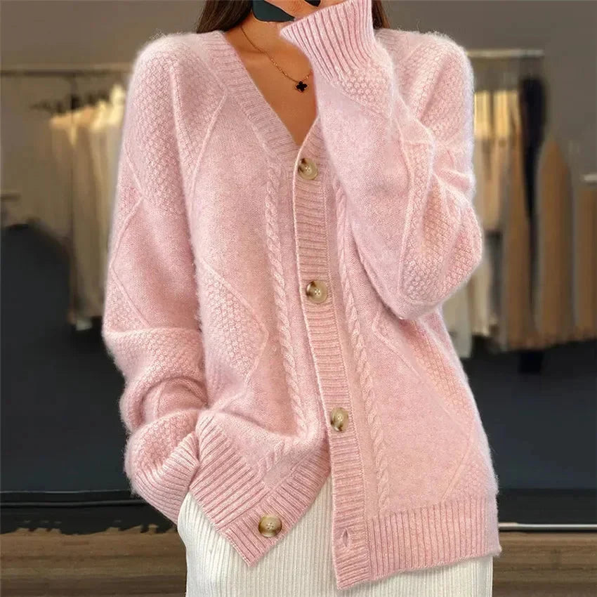 Kennedy - Women's Loose-Fit Cable Stitch V-Neck Knit Cardigan