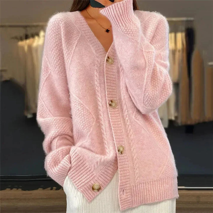 Kennedy - Women's Loose-Fit Cable Stitch V-Neck Knit Cardigan