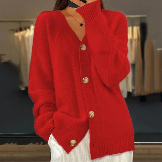 Kennedy - Women's Loose-Fit Cable Stitch V-Neck Knit Cardigan