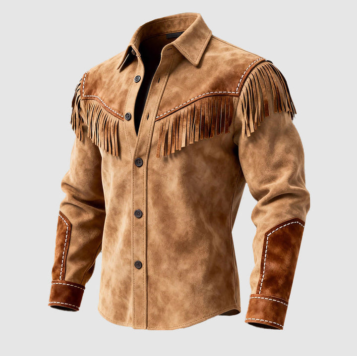 Kiel - Men's Western Cowboy Overshirt with Fringe & Contrast Topstitching