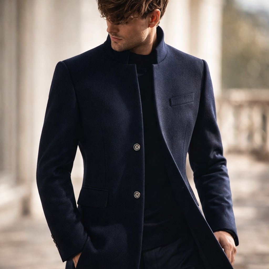 Kieran - Men's Button-Front Overcoat with Stand Collar