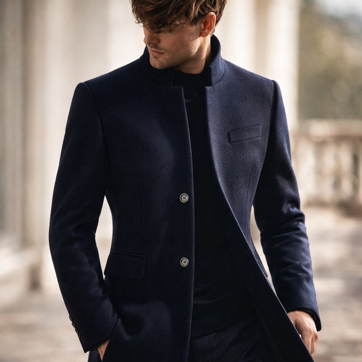 Kieran - Men's Button-Front Overcoat with Stand Collar