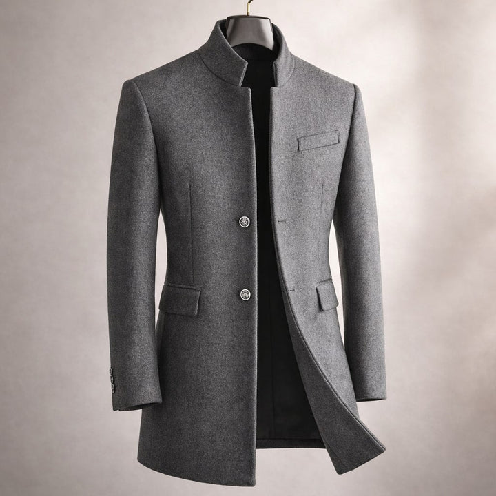 Kieran - Men's Button-Front Overcoat with Stand Collar