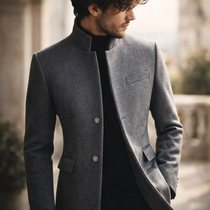 Kieran - Men's Button-Front Overcoat with Stand Collar