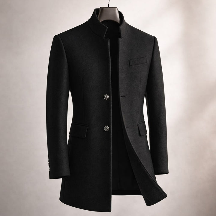 Kieran - Men's Button-Front Overcoat with Stand Collar