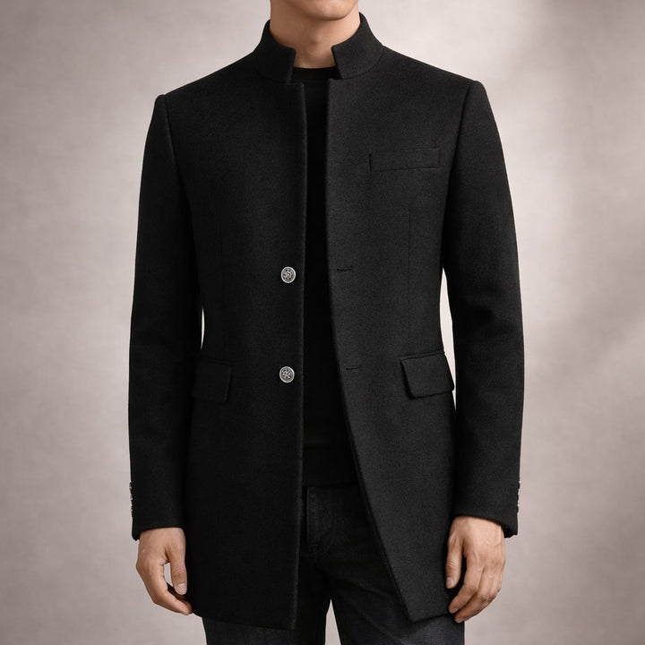 Kieran - Men's Button-Front Overcoat with Stand Collar