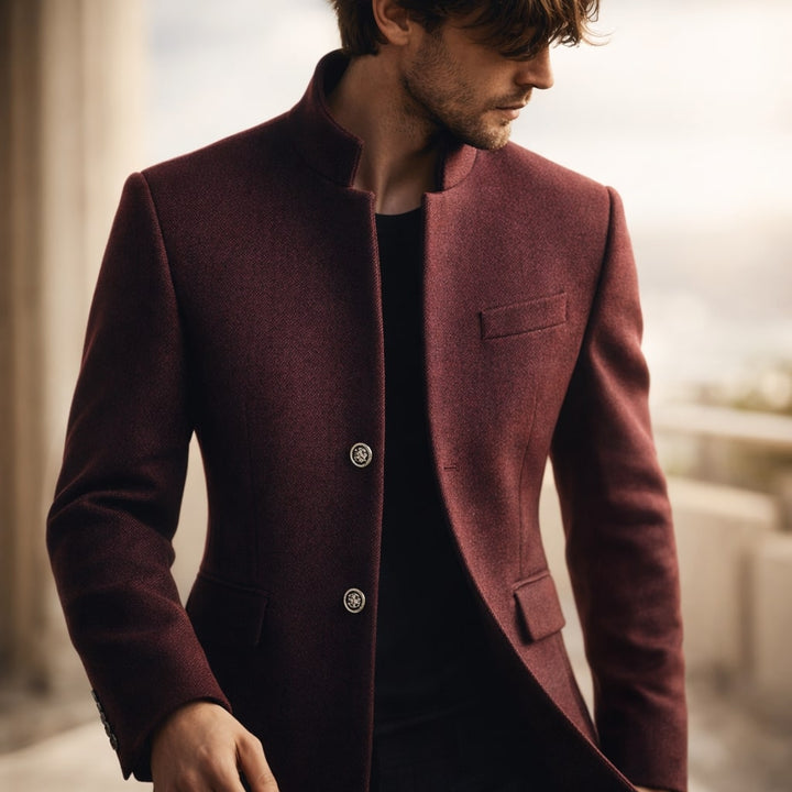 Kieran - Men's Button-Front Overcoat with Stand Collar