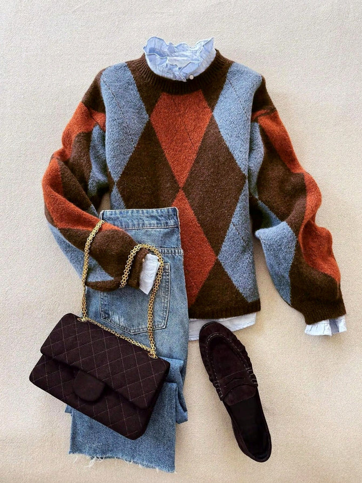 Krisna - Women's Argyle Pattern Knit Sweater 2