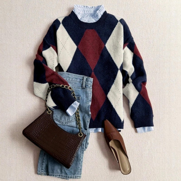 Krisna - Women's Argyle Pattern Knit Sweater 3