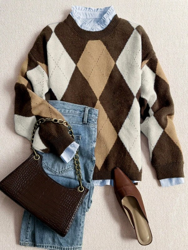 Krisna - Women's Argyle Pattern Knit Sweater 4