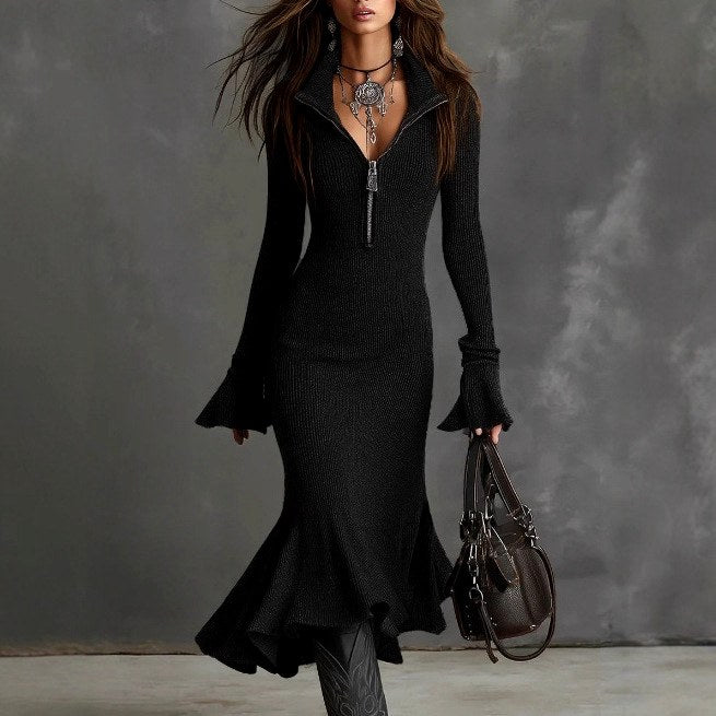 Kristin - Women's Ribbed Half Zip Long Sleeve Dress 1