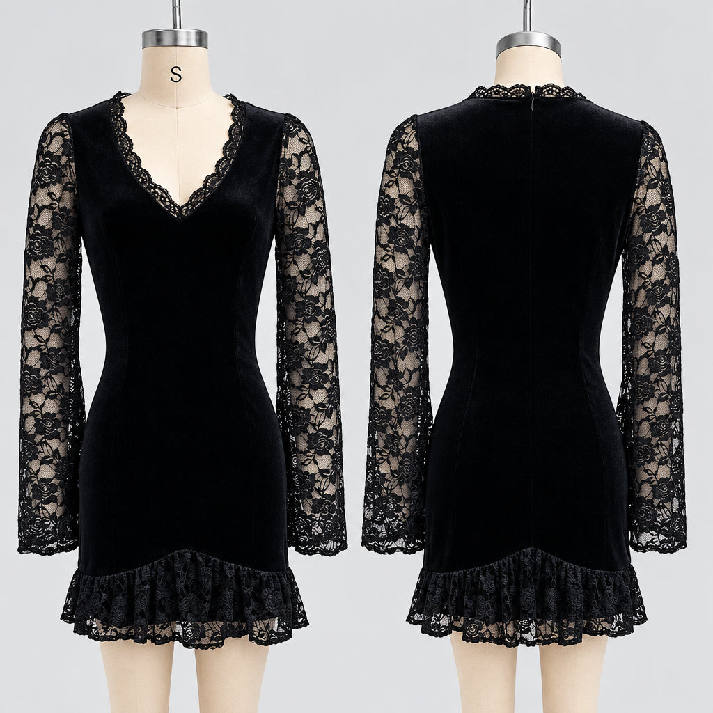 Kyline - Women's Lace Trim V-Neck Velvet Dress 1