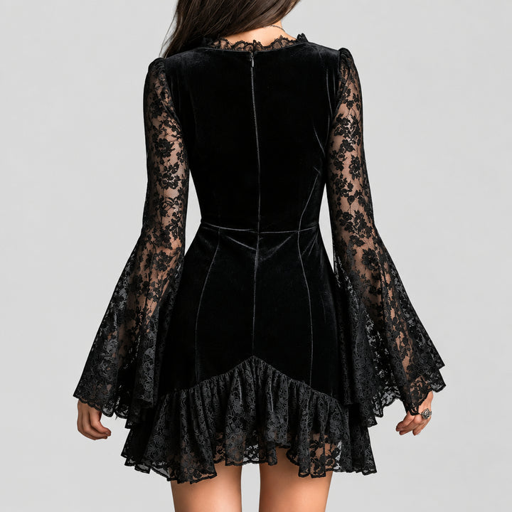 Kyline - Women's Lace Trim V-Neck Velvet Dress 5