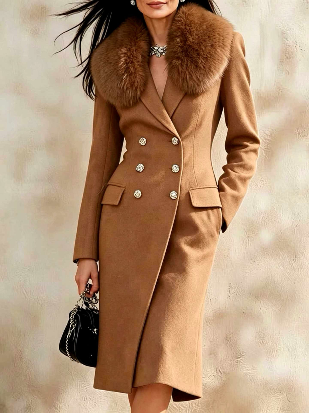 Lana - Women’s Double-Breasted Long Coat with Fur Collar 6