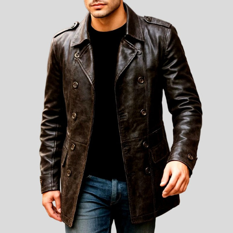Larry - Men's Double-Breasted Leather Trench Coat 9