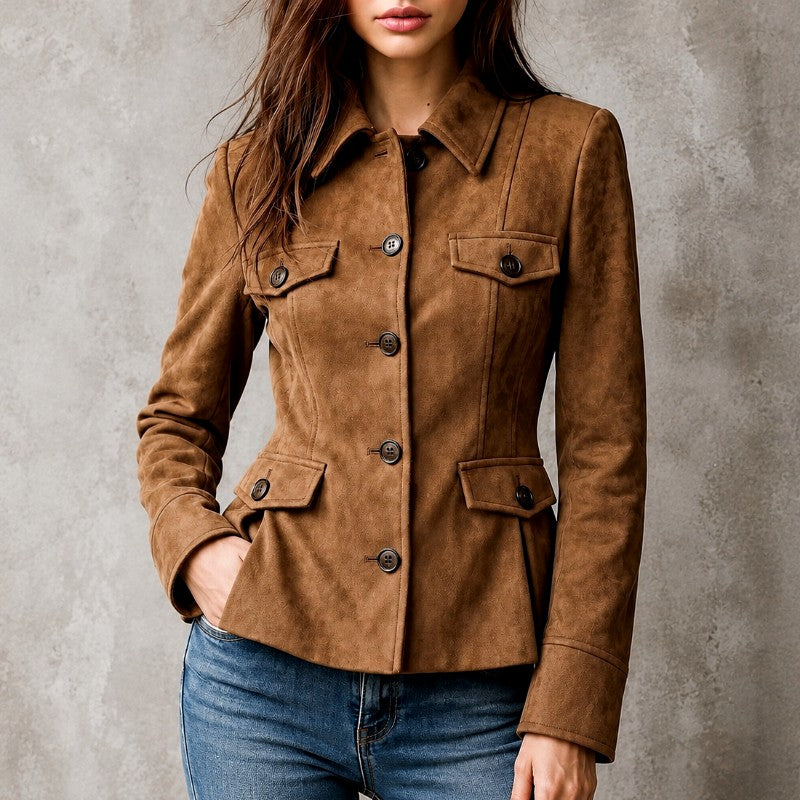 Latoya - Women's Faux Suede Fitted Button Jacket 2