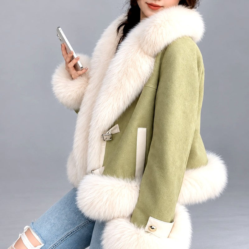 Leandra - Women’s Faux Suede Faux Fur Collar Cropped Jacket 7